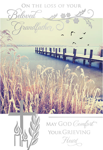 4 5/8" x 6 3/4" condolence card with serene lakeside scene, birds, floral accents, and comforting sympathy message
