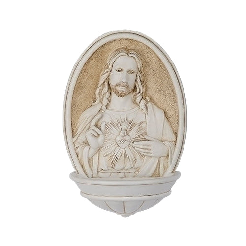 8" white stone resin Sacred Heart Holy Water Font with detailed Jesus figure and radiant heart design