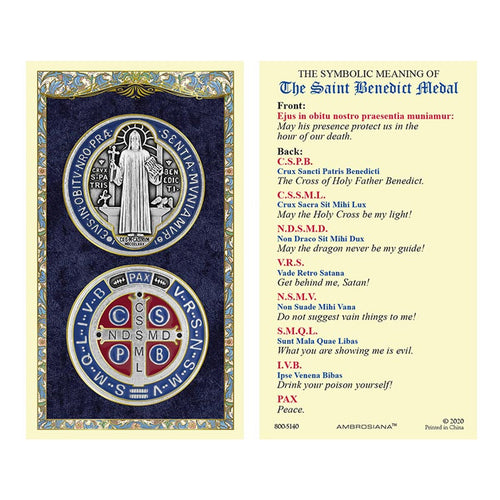 Front and back of laminated Saint Benedict holy card with gold foil border and prayer text on pale yellow background