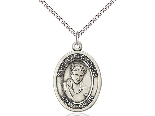 3/4" sterling silver oval Saint Carlo Acutis medal with detailed engraving and 18" gold-plated curb chain necklace