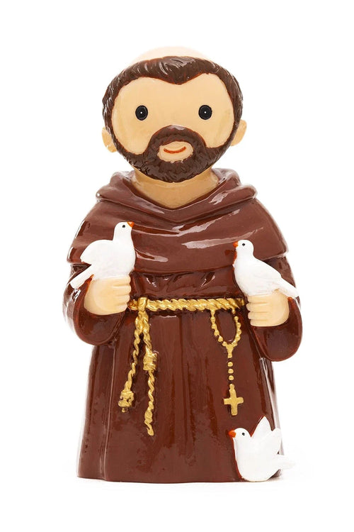 3.5" Saint Francis collector’s edition figurine in brown robe holding white doves with gold rope belt and cross charm
