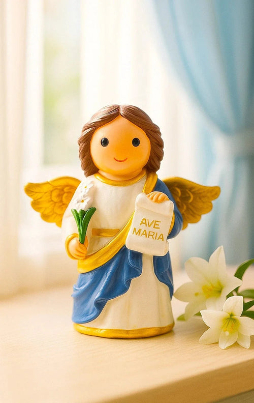 3.5" Saint Gabriel collector's edition figurine holding Ave Maria scroll and white lily with golden wings