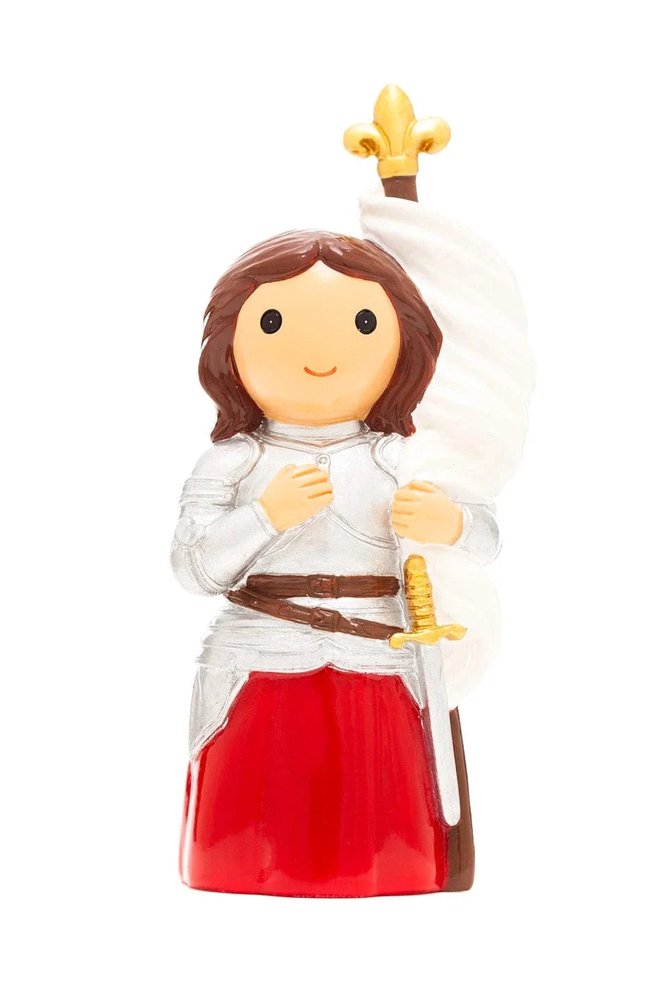 Saint Joan of Arc collector's edition 3.5" figurine holding white flag with fleur-de-lis and sword