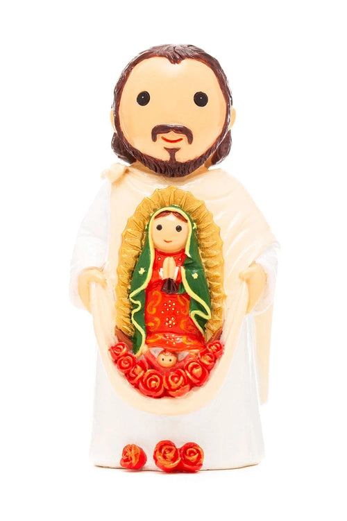 3.5" Saint Juan Diego collector's edition figurine holding Our Lady of Guadalupe with red roses on white background