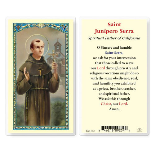 2.5" x 4.5" Saint Junipero Serra holy card by Fratelli Bonella with prayer and detailed saint image framed in blue and gold accents