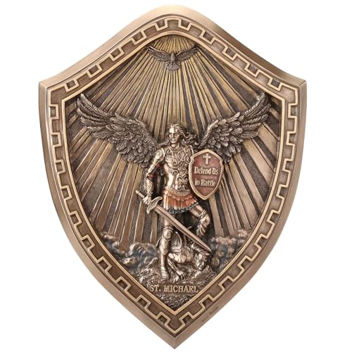 10 1/8" cold cast bronze Saint Michael shield wall plaque with detailed figure, wings, sword, and shield inscription Defend Us in Battle