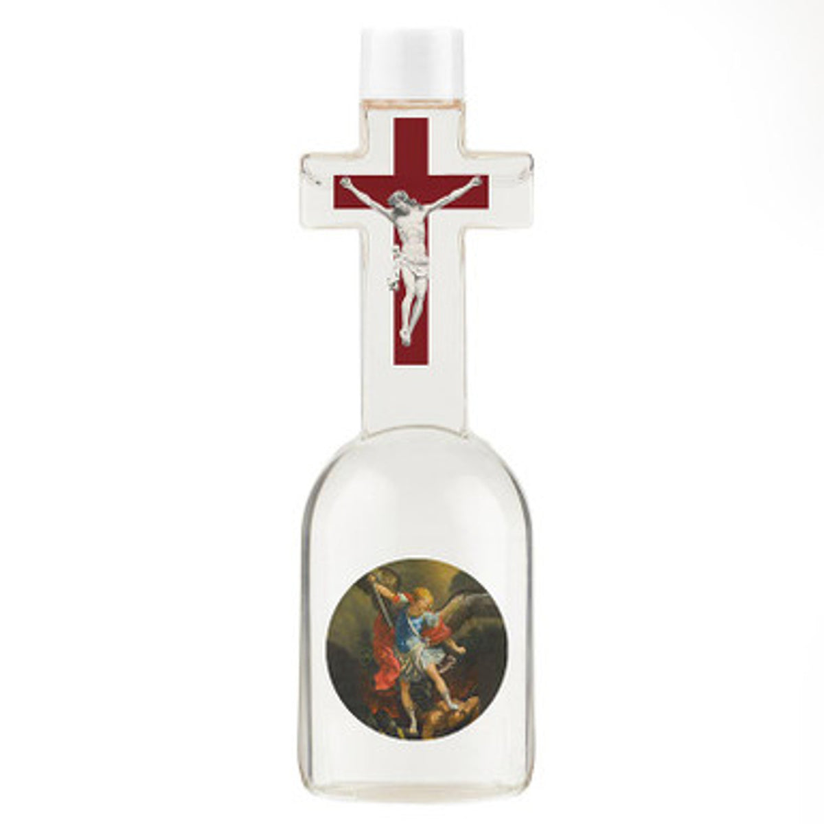 6 oz clear cross-shaped holy water bottle with red cross and full-color Saint Michael image on front