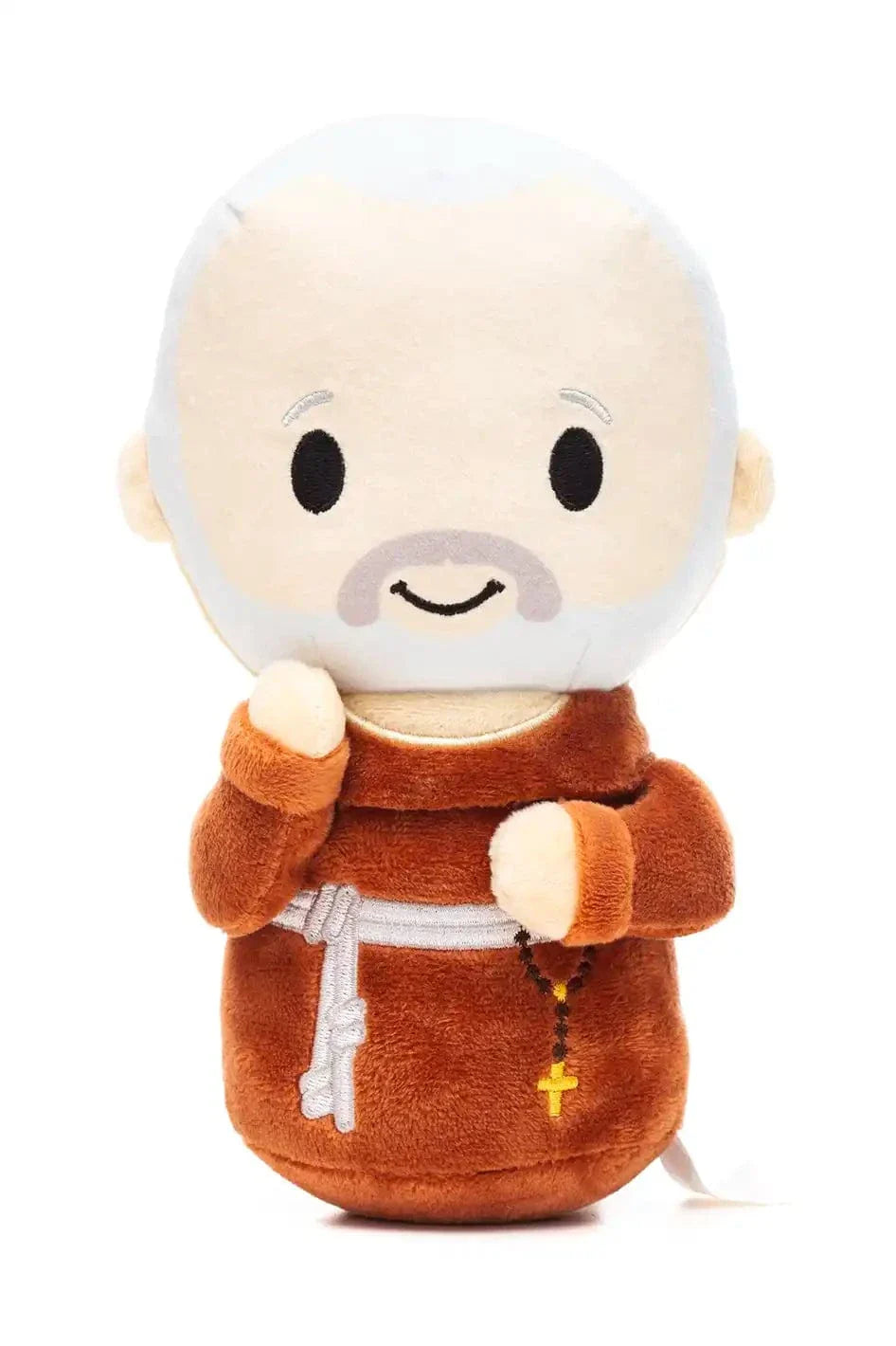 Saint Padre Pio plush doll 9 inch with brown robe, white beard, and small rosary cross accessory
