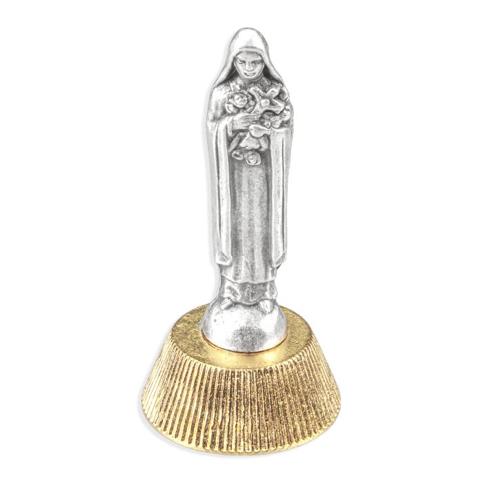 2" Saint Therese auto statue in antique silver with gold-tone magnetic base, made in Italy for secure attachment