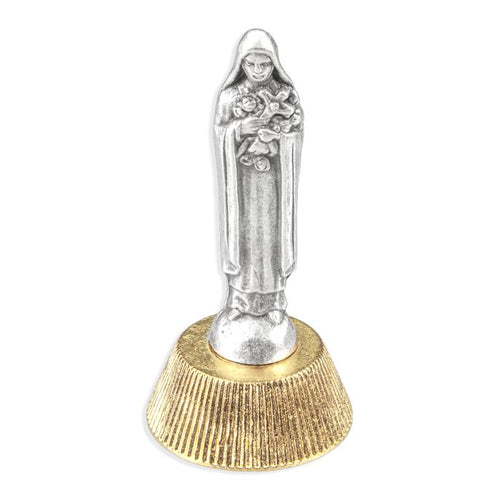 2" Saint Therese auto statue in antique silver with gold-tone magnetic base, made in Italy for secure attachment