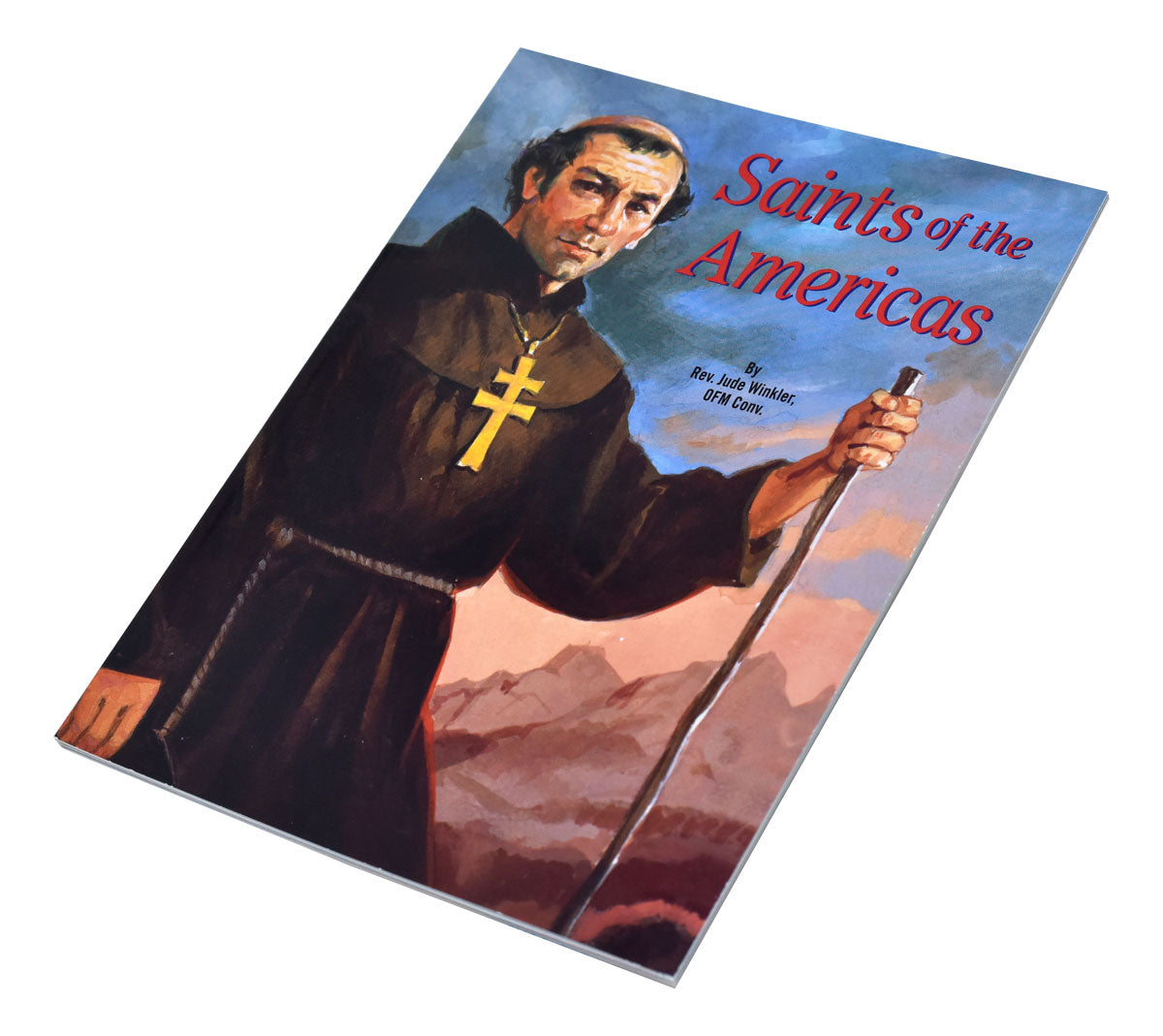 The Saints of the Americas book cover with illustration of a saint holding a staff against a mountainous background