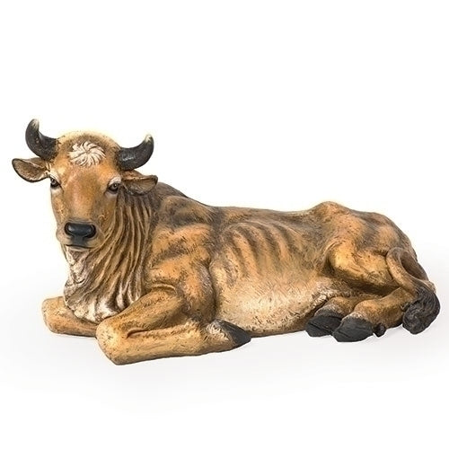 12" seated ox tabletop figurine in natural tones with detailed textured fur, pastoral nativity decor accent piece