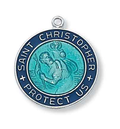 Blue Enamel over Sterling Silver Saint Christopher Round Medal with 18" chain and box