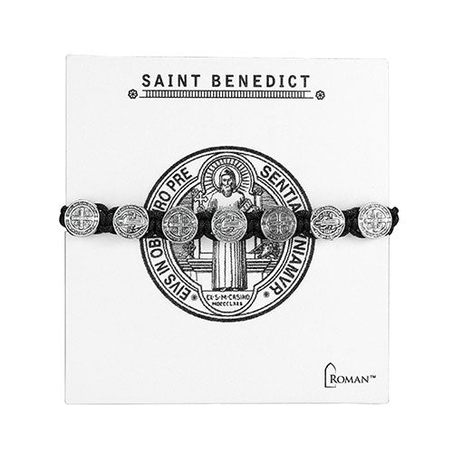 Silver adjustable bracelet featuring multiple Saint Benedict medals on black cord for spiritual protection and faith