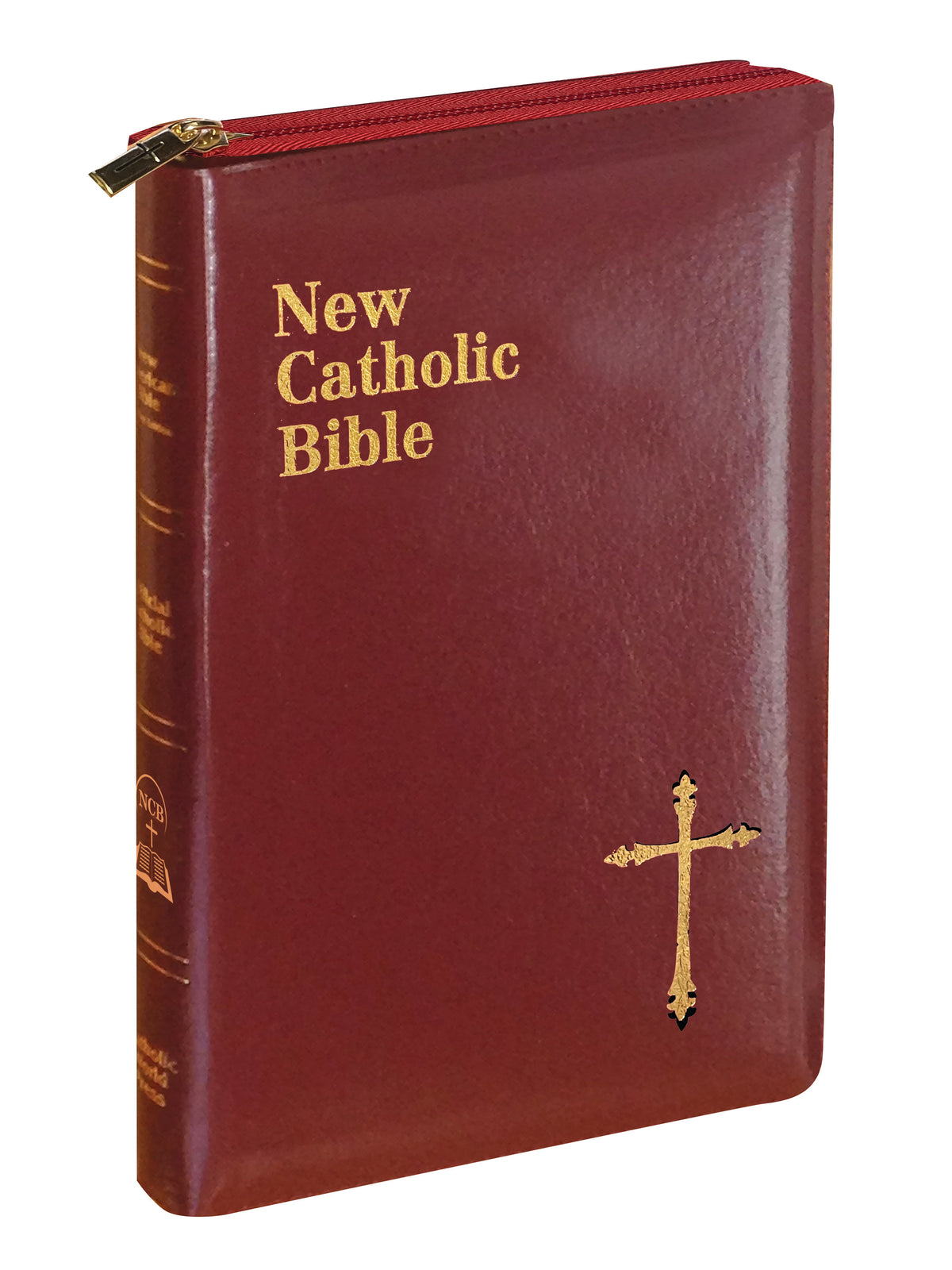 Compact burgundy St. Joseph New Catholic Bible with gold-embossed text and decorative gold cross on cover and zipper closure