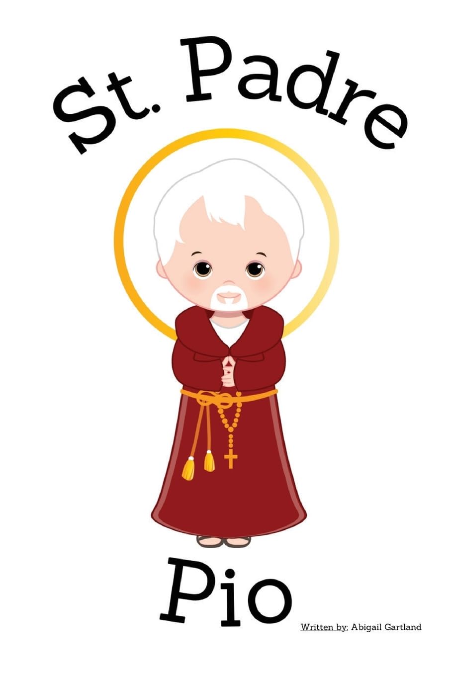 Illustration of St. Padre Pio in red robes with rosary and halo for children's Christian book cover