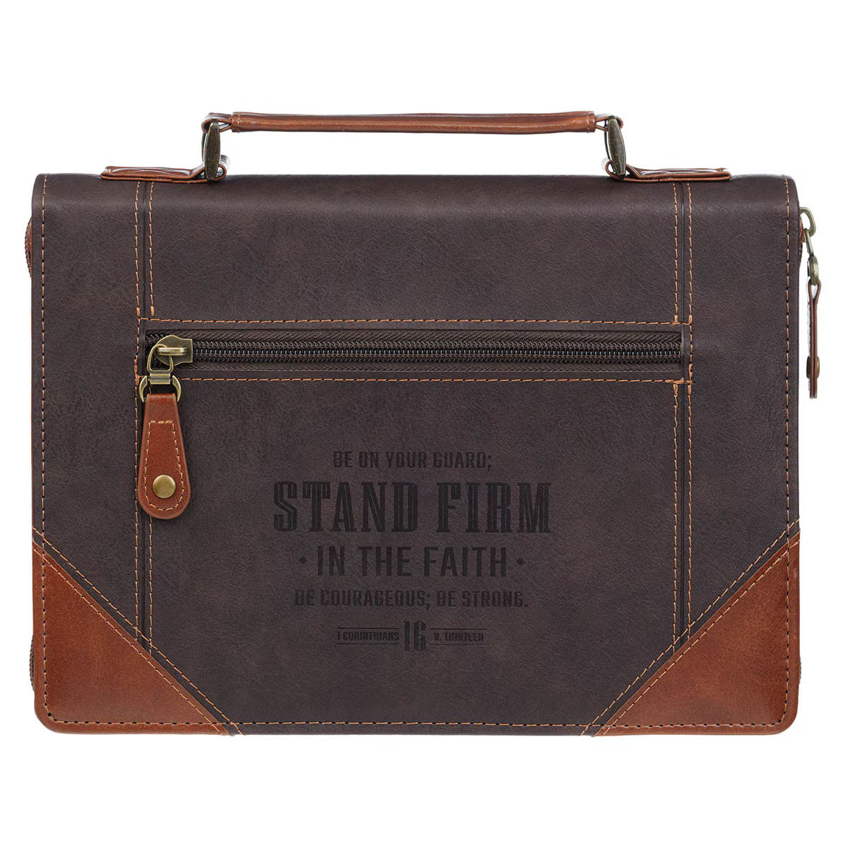 Stand Firm Espresso and Honey-brown Faux Leather Classic Bible Cover - 1 Corinthians 16:13 Medium - JMJs Catholic Store, Inc