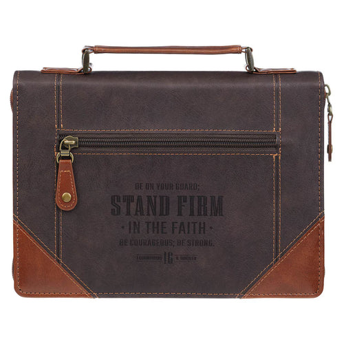 Stand Firm Espresso and Honey-brown Faux Leather Classic Bible Cover - 1 Corinthians 16:13 Medium - JMJs Catholic Store, Inc