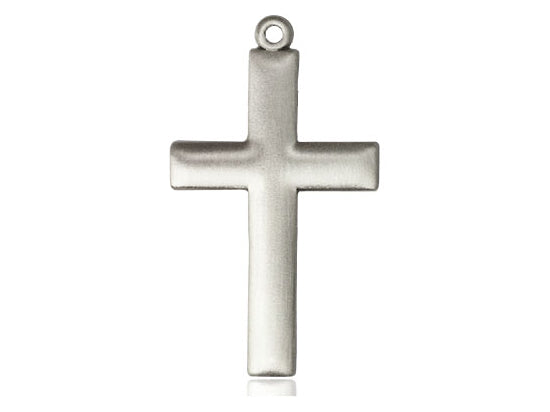 Sterling silver matte finish beveled cross pendant, 1 1/4 inch tall with smooth edges and polished look.