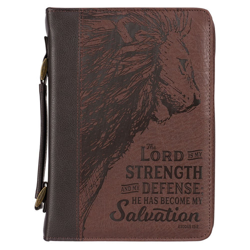 Large walnut-brown faux leather Bible cover with embossed lion design and Strength and Defense scripture quote from Exodus 15:2