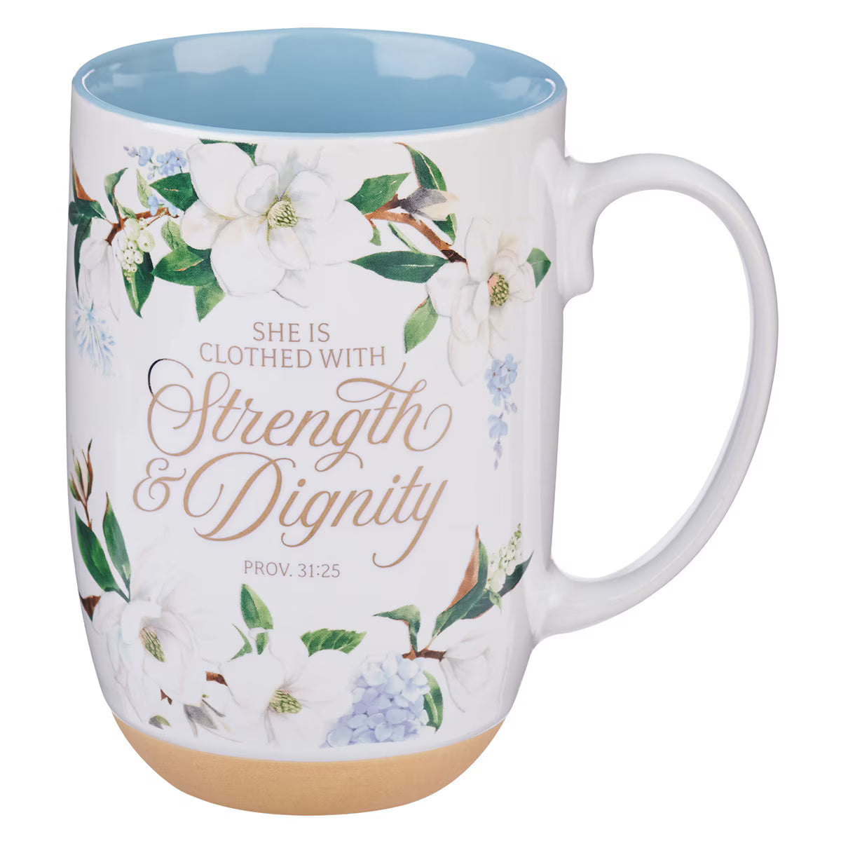 Strength and Dignity Blush Magnolia Ceramic Coffee Mug - Proverbs 31:25 - JMJs Catholic Store, Inc