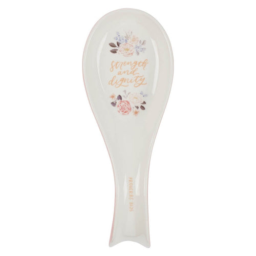 Ceramic spoon rest with pink floral design and Proverbs 31:25 "Strength and Dignity" gold script detail