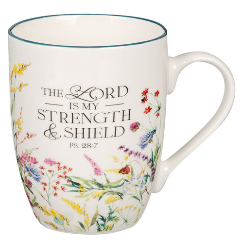 Strength and Shield Floral Meadow ceramic coffee mug with Psalm 28:7 scripture and colorful wildflower design