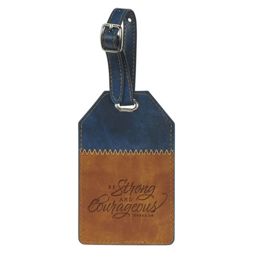 Butterscotch and navy faux leather luggage tag with "Be Strong and Courageous Joshua 1:9" inscription