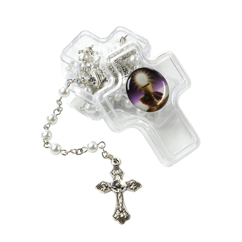 White First Holy Communion Rosary with Cross Box - JMJs Catholic Store, Inc