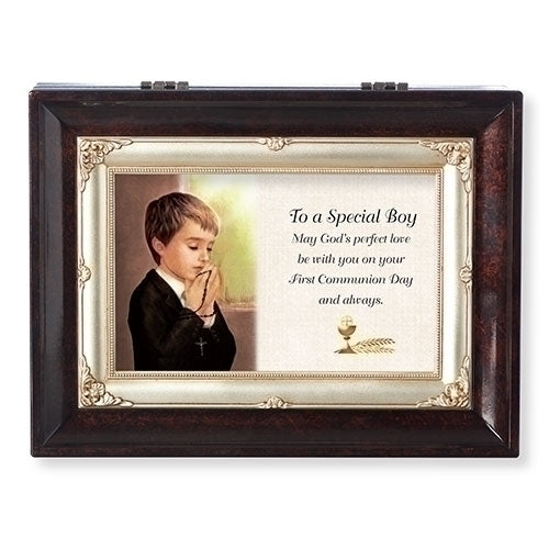 Brown wood musical keepsake box with glass top, featuring praying boy illustration and First Communion blessing for a special boy