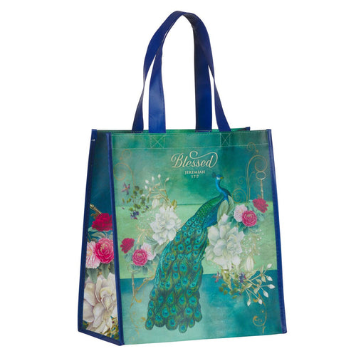 Blessed Blue Peacock Non-Woven Coated Tote Bag - Jeremiah 17:7 - JMJs Catholic Store, Inc