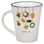 Ceramic Christmas mug with festive gift and wreath design, accented with a blue rim and Bible verse Luke 2:10 text.