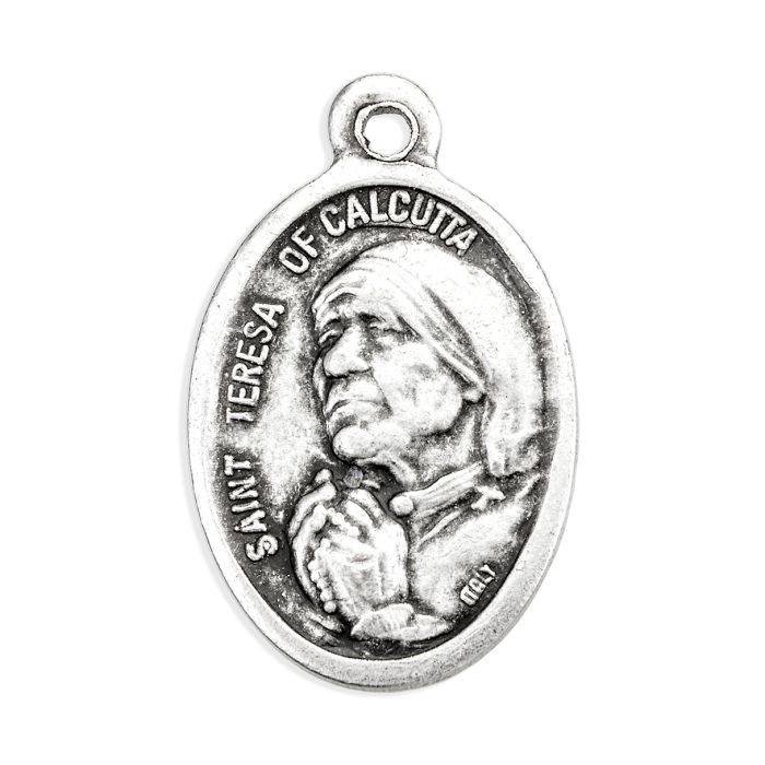 1" Saint Teresa of Calcutta oval oxidized silver medal with detailed relief and "Pray for Us" inscription on back, made in Italy