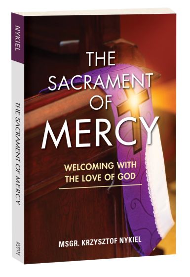 The Sacrament of Mercy book cover with a purple stole featuring a gold cross draped over a wooden pew