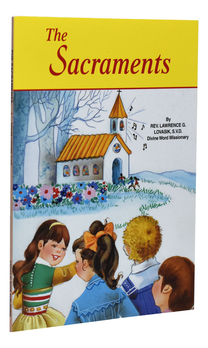 The Sacraments children’s book by Rev. Lovasik with church illustration and kids learning about faith concepts