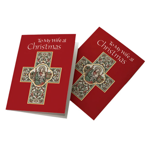 Christmas card for wife with religious cross artwork and "To My Wife at Christmas" text on red background