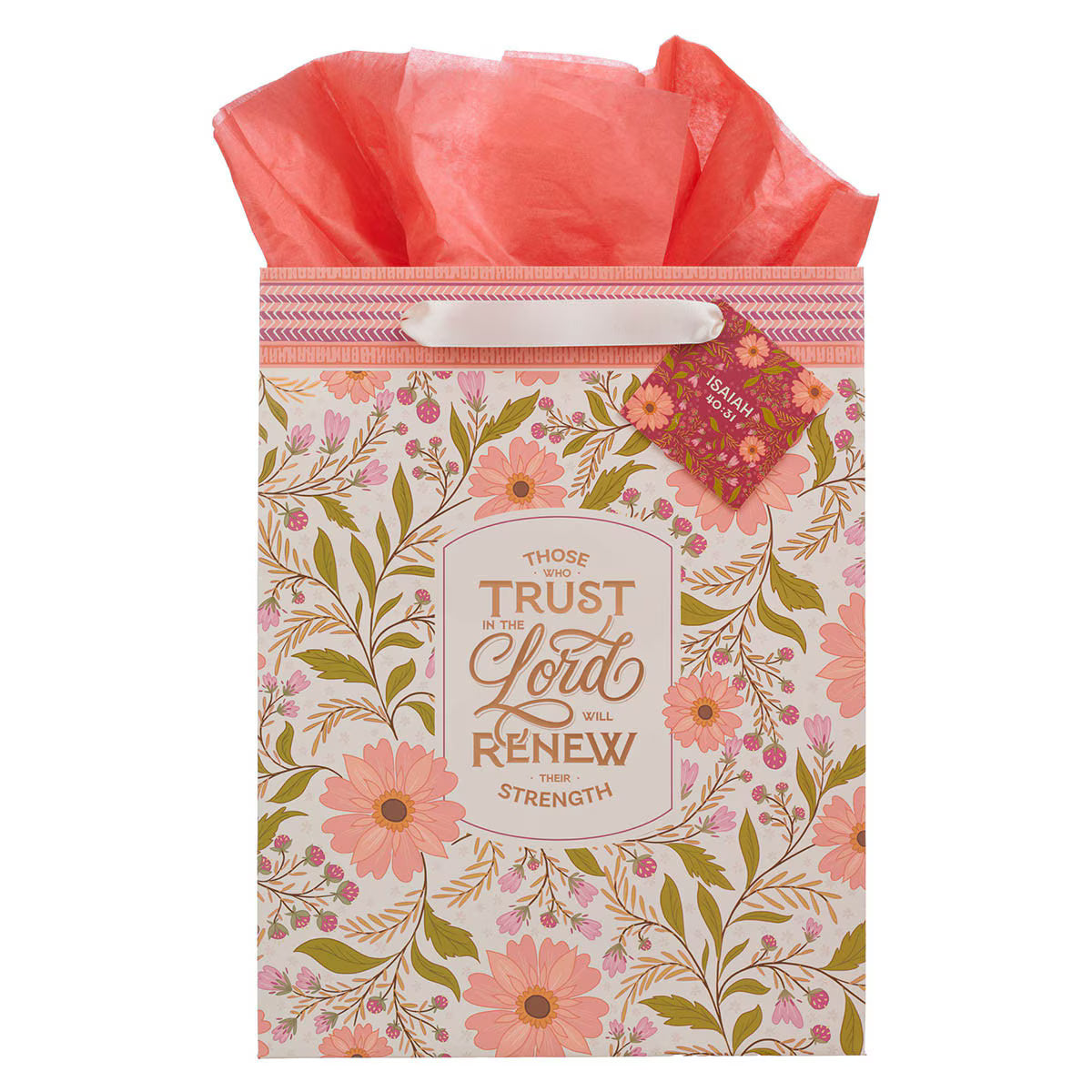 Trust In The Lord Coral Cascade Large Portrait Gift Bag - Isaiah 40:31 - JMJs Catholic Store, Inc