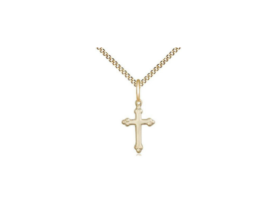 14kt Gold Filled Cross Pendant (5/8") on a 18 inch Gold Plate Light Curb Chain - JMJs Catholic Store, Inc
