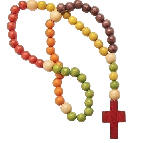 20 1/2" vibrant red and green wooden beaded children's rosary with large beads and red wooden cross pendant