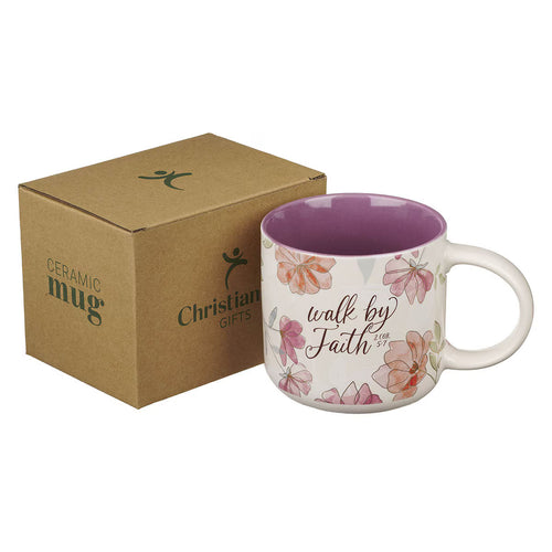 Walk by Faith Pink Cosmos Ceramic Mug - 2 Corinthians 5:7 - JMJs Catholic Store, Inc