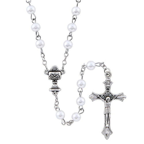 White First Communion Boy Rosary with Bookmark - JMJs Catholic Store, Inc