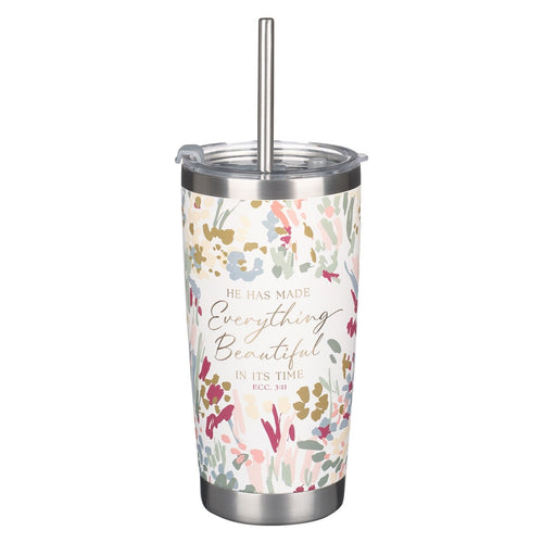 White floral stainless steel travel mug with Ecclesiastes 3:11 scripture and reusable stainless steel straw