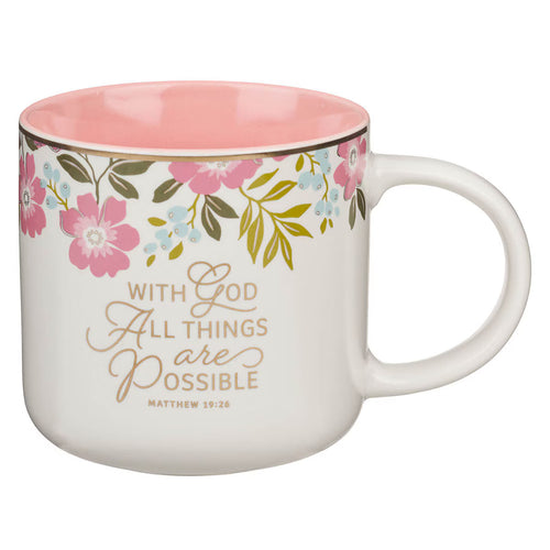 With God Things Are Possible Pink Poppy Ceramic Coffee Mug - Matthew 19:26 - JMJs Catholic Store, Inc