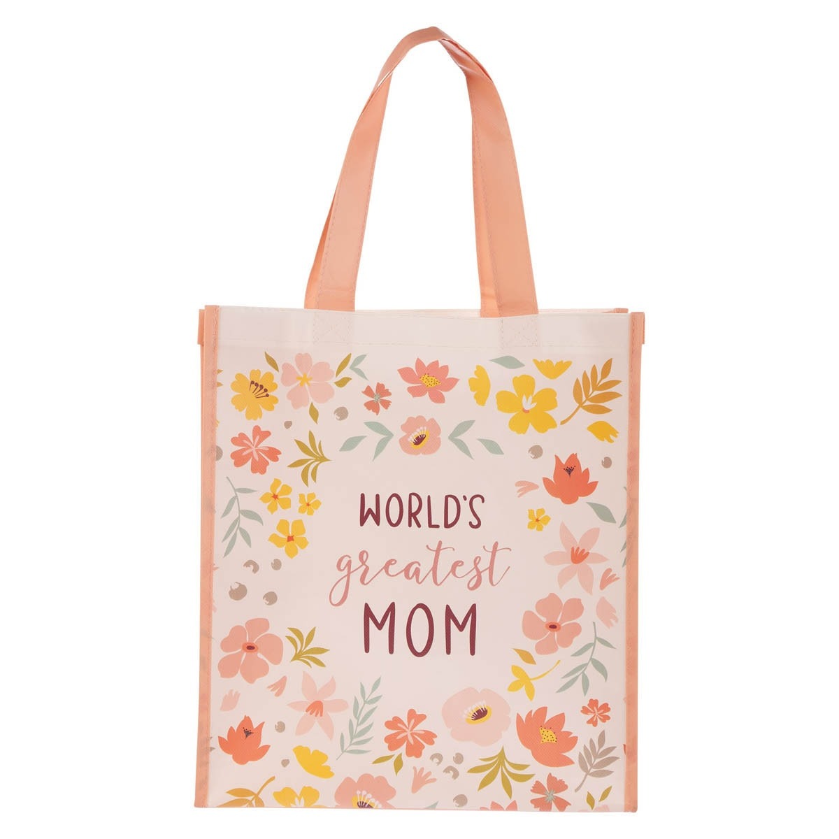 World's Greatest Mom non-woven coated tote bag with floral design and coral-colored handles for reusable shopping