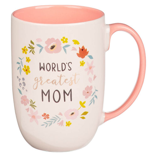 Ceramic coffee mug with "World's Greatest Mom" text surrounded by peach and yellow floral wreath and pink interior