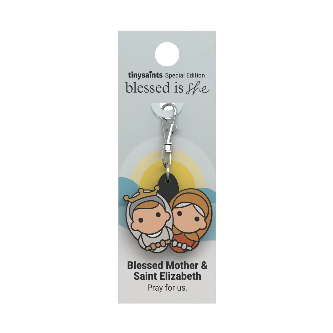 Tiny Saint keychain of Blessed Mother and Saint Elizabeth with praying hands on special edition card backing