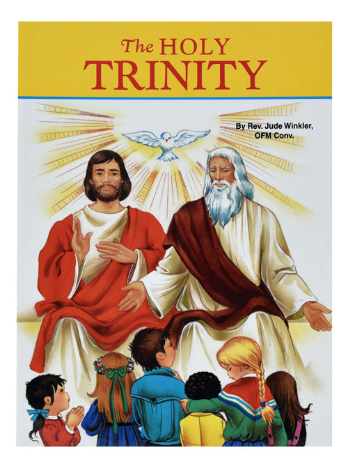 The Holy Trinity children’s book cover with illustrated Father, Son, Holy Spirit, and group of children learning faith