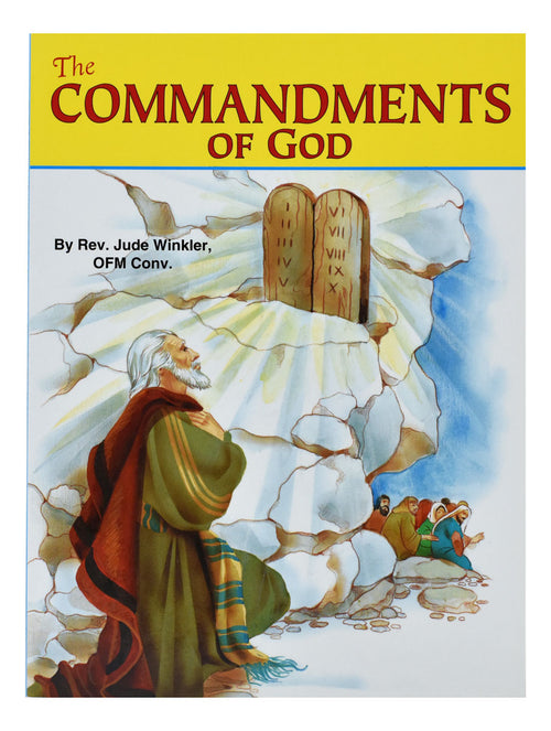 Book cover showing Moses receiving the Ten Commandments with people seated on rocky ground under blue sky