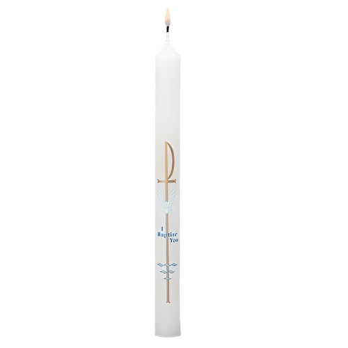 10-inch white baptism candle with gold cross, blue dove, and "I Baptize You" inscription, lit wick