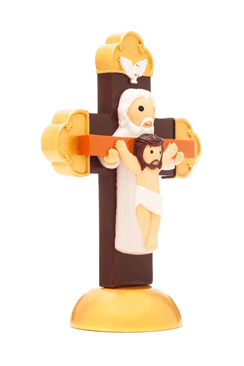 3.5" Holy Trinity cross figurine with Father, Son crucified, and Holy Spirit dove on gold-trimmed cross and base